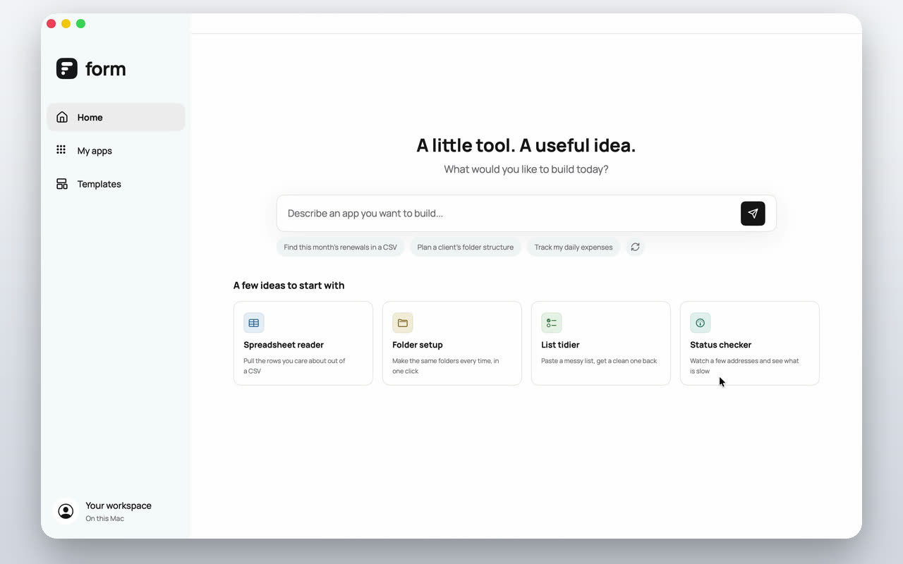 Form building a renewal tracker, from a typed description to a finished Mac app.