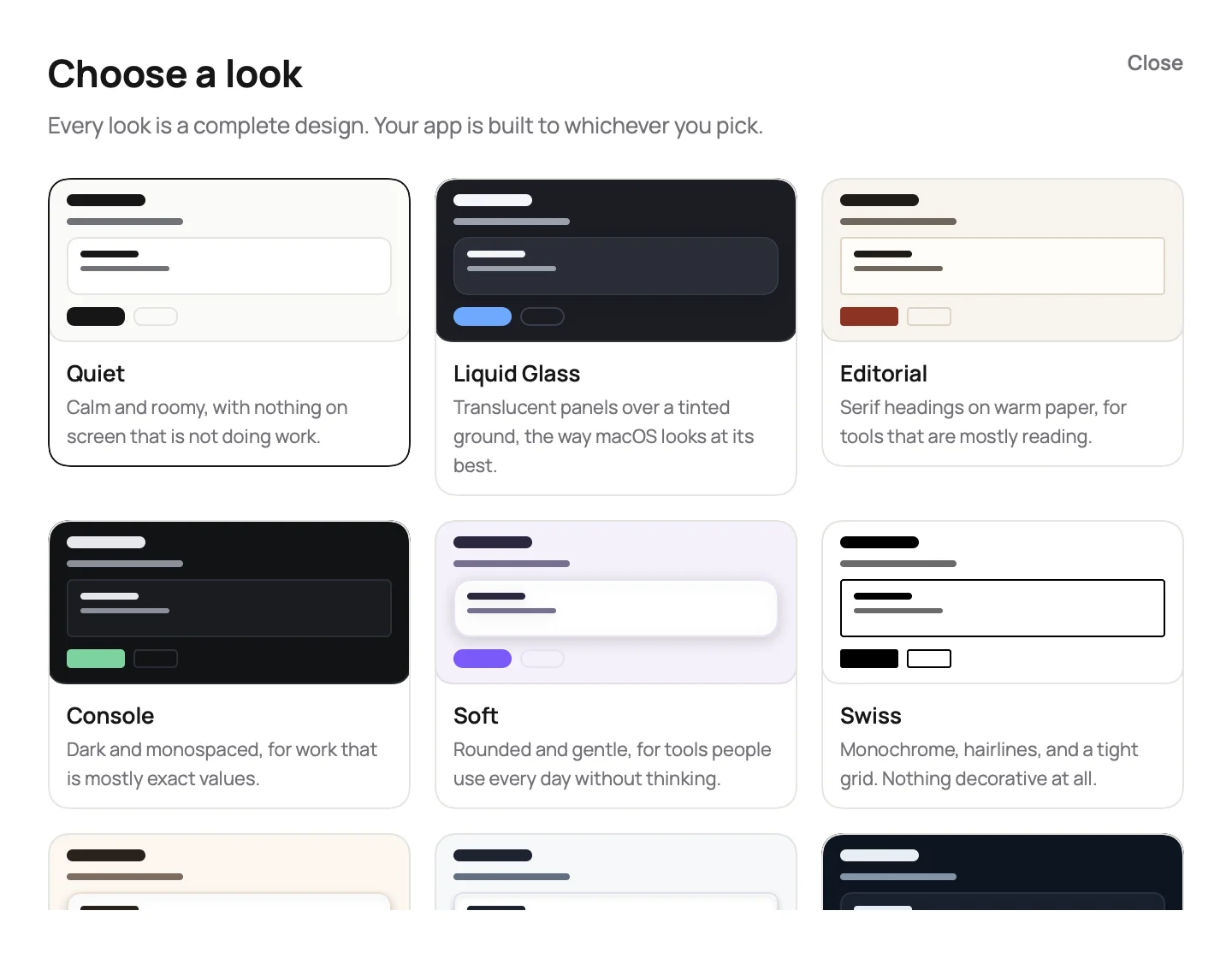 Ten complete designs shown as previews: Quiet, Liquid Glass, Editorial, Console, Soft, Swiss and more.