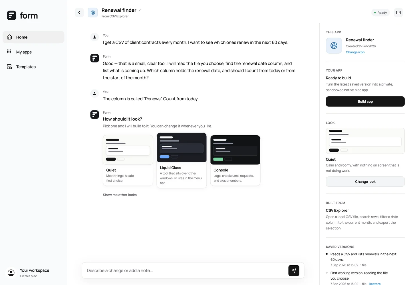 Form asking which look an app should have, showing three previews side by side.