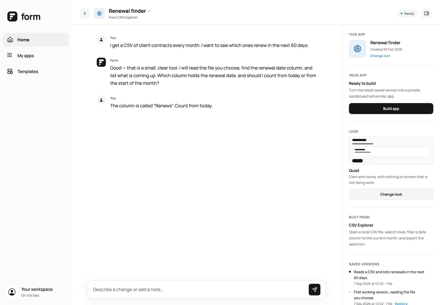 A Form project: the conversation on the left, and the app’s icon, look, versions and build on the right.